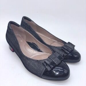 BeautiFeel Herringbone Patent Toe Bow Pumps Womens  5.5/36 Black Silver Red Heel